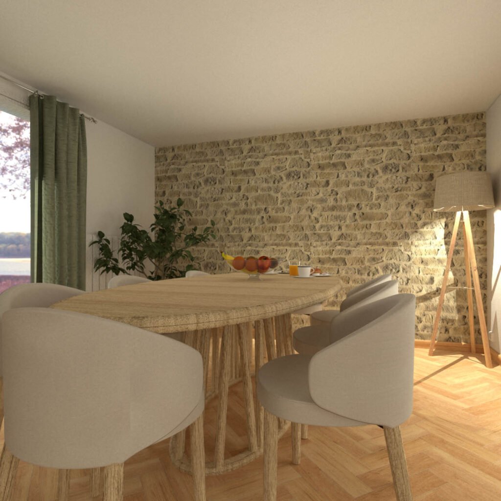 Salle à manger chaleureuse et accueillante avec une grande table centrale dans des tons naturels kaki et beige pour une ambiance apaisante