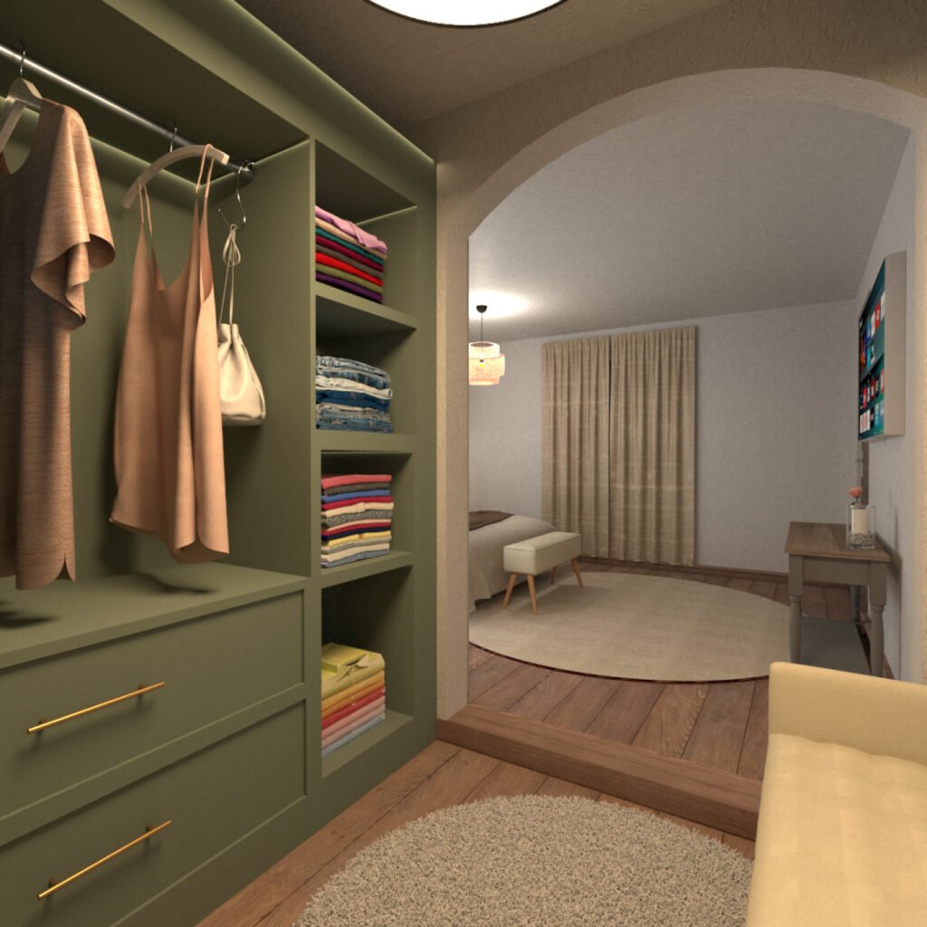 Dressing avec étagères, penderies, banc et tapis beige créant un espace pratique et organisé.