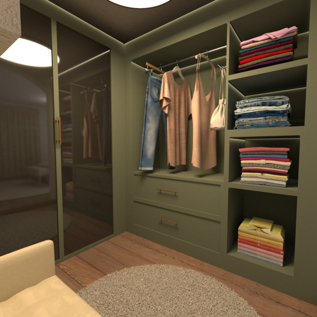 Dressing vert avec un miroir, une penderie, des étagères et des tiroirs