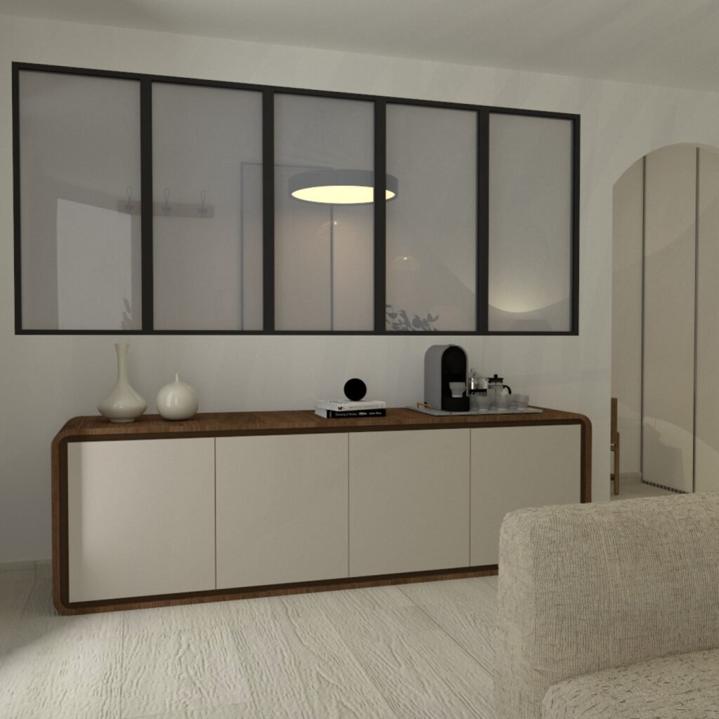 Salon beige, avec vue sur le buffet