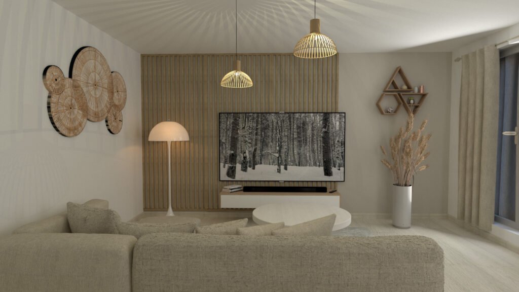 Salon dans les tons beige et blanc, avec décoration naturelle, éléments en bois et table en pierre créant une ambiance épurée et apaisante.