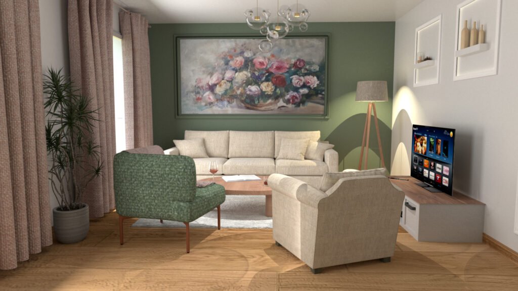 Salon avec une palette de vert, rose et beige, décoré de moulures, un tableau et des éléments naturels, pour une atmosphère apaisante.