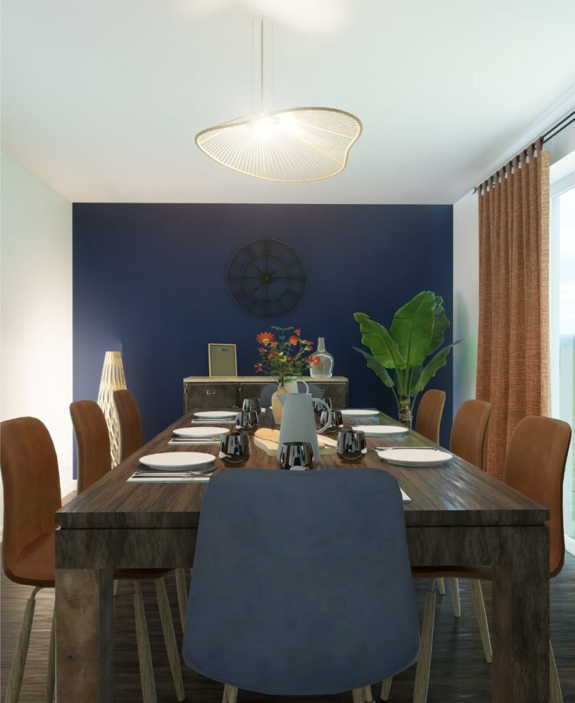 Salle à manger dans les tons bleus et orangés